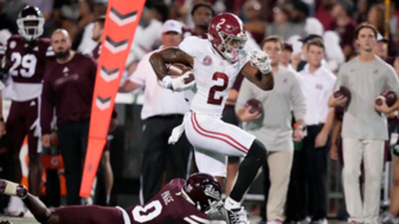 Alabama running back Jase McClellan (2) is tackled by Mississippi State linebacker DeShawn...