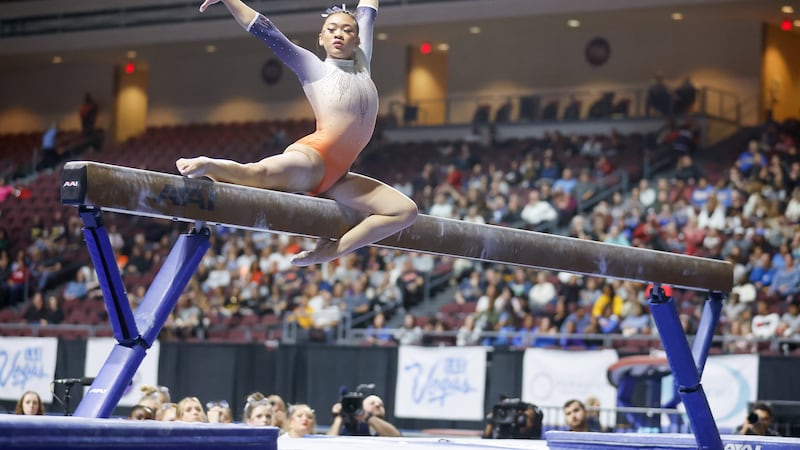 Auburn gymnastics competes at an NCAA gymnastics meet on Saturday, Jan. 7, 2023, in Las Vegas....