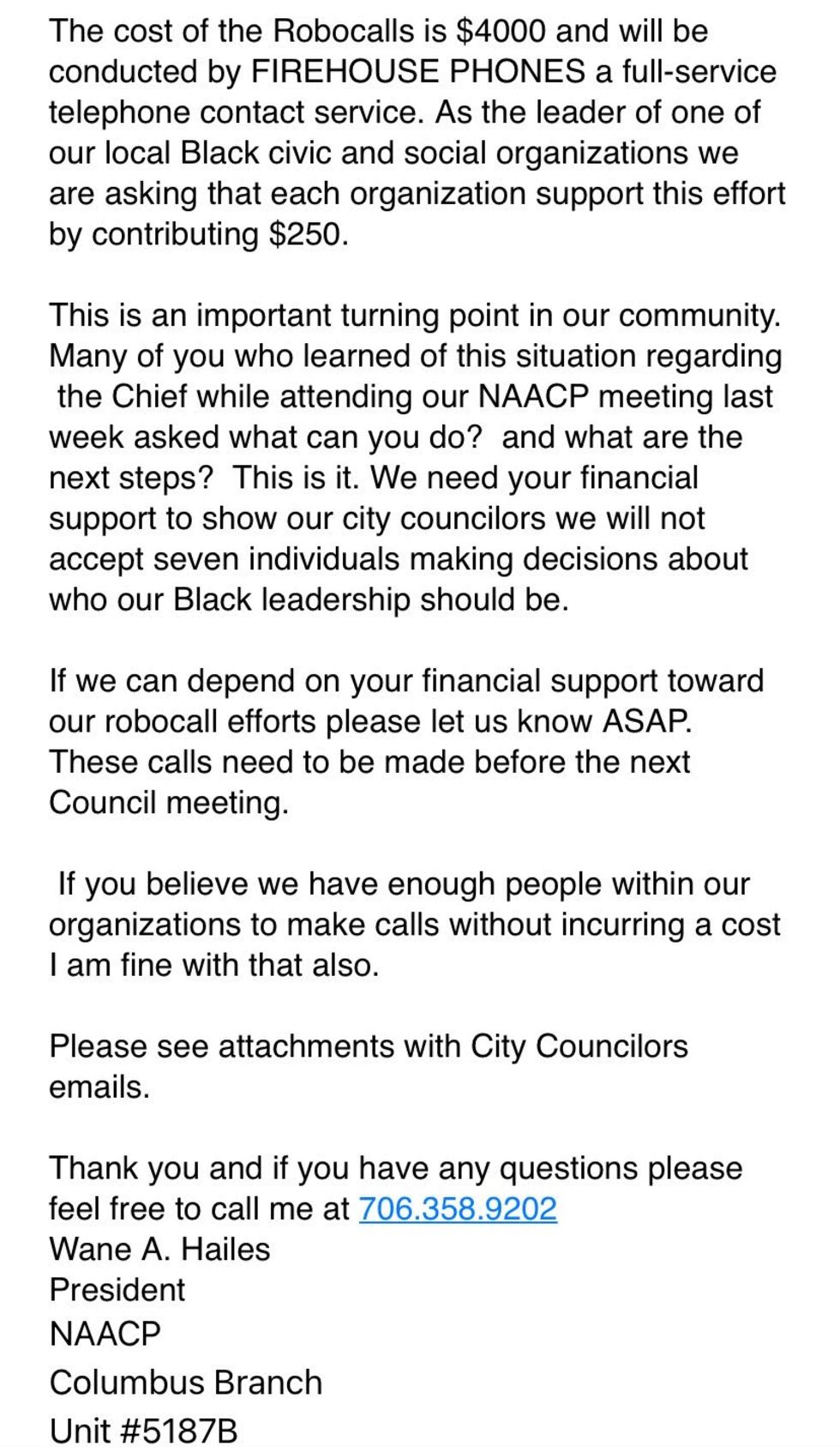 Email in support of Freddie Blackmon