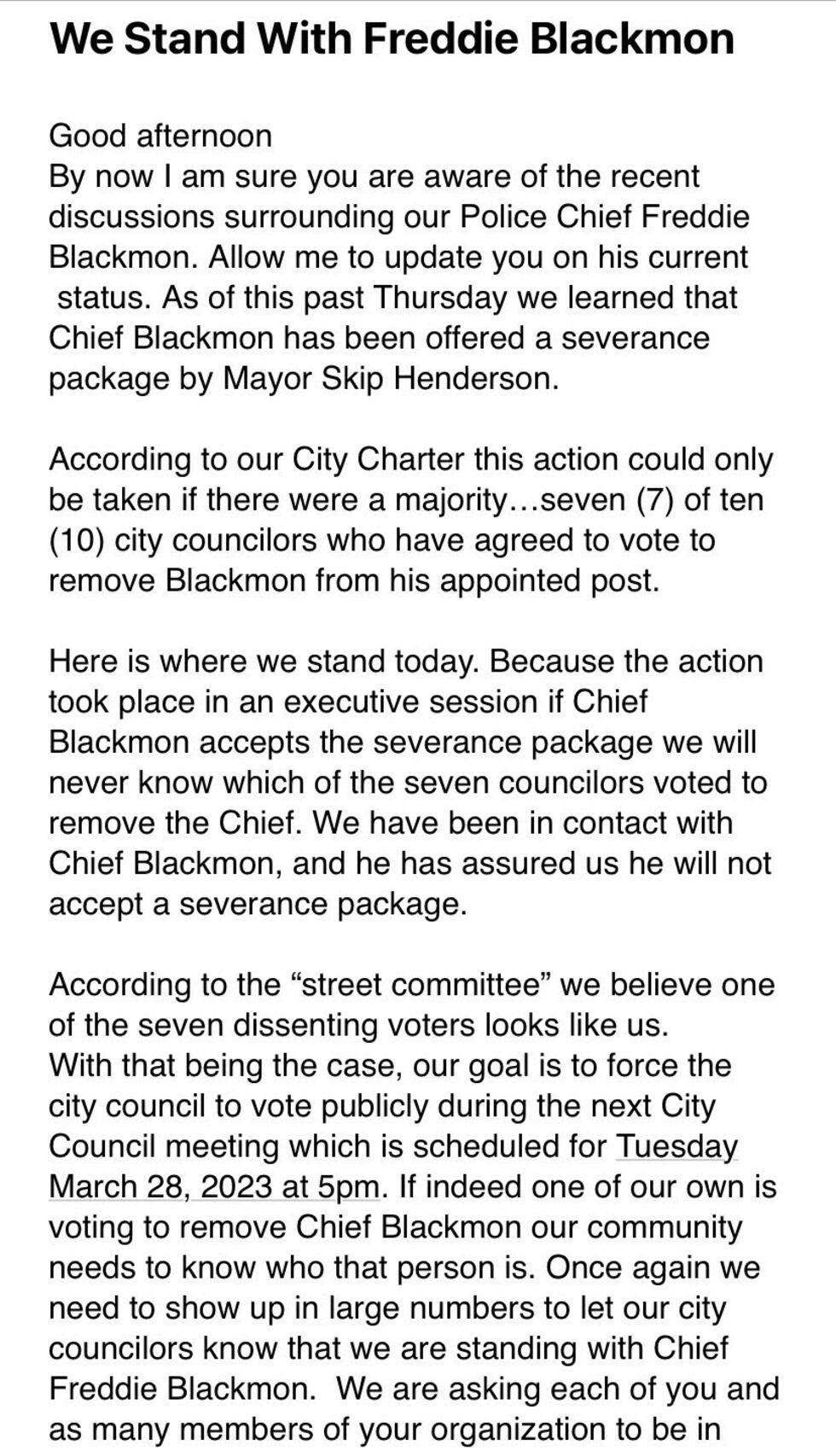 Email in support of Freddie Blackmon
