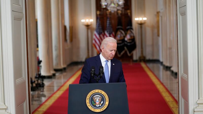 President Joe Biden speaks about the end of the war in Afghanistan from the State Dining Room...
