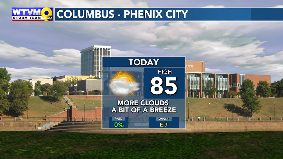 More clouds today mixed with sun. Highs in the mid 80s.