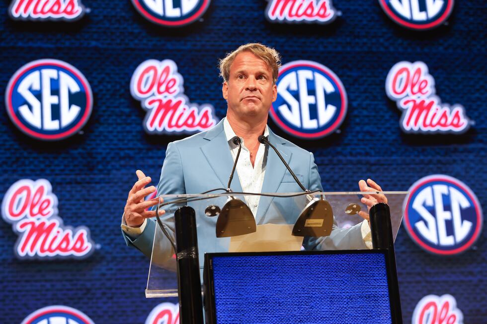 Ole Miss football head coach Lane Kiffin speaks to the media at the 2023 SEC Football Kickoff...