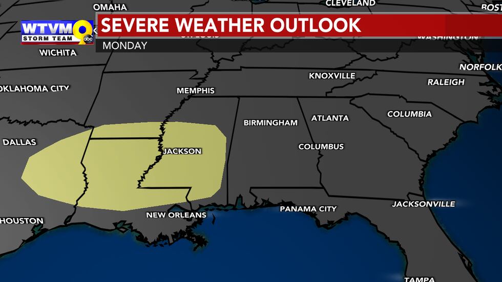 The first chance of severe weather of the season is possible to our west Monday. We'll watch...