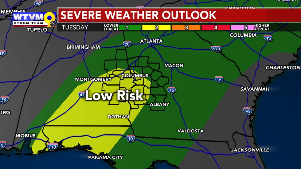 A fairly low risk of severe weather exists for the Chattahoochee Valley Tuesday afternoon.