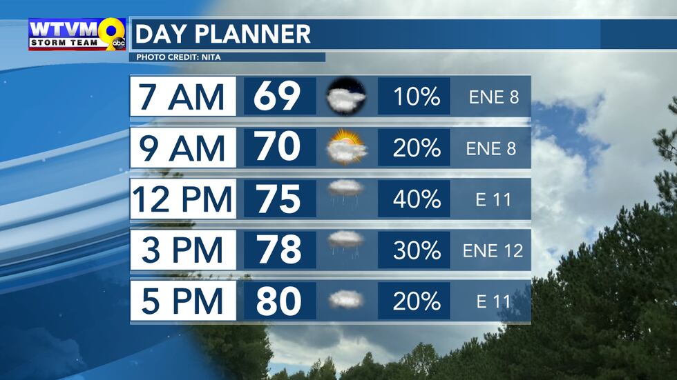 Mostly cloudy and breezy with a chance of showers.