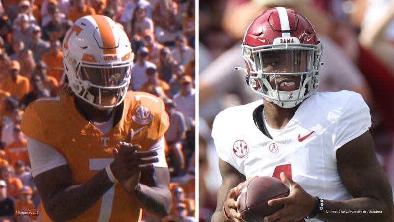 Composite photo of Tennessee quarterback Joe Milton (WVLT) and Alabama quarterback Jalen...