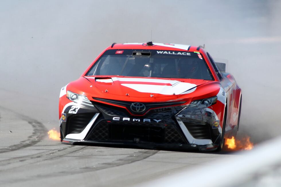 Bubba Wallace gets going after a spin during the NASCAR Cup Series auto race at Atlanta Motor...