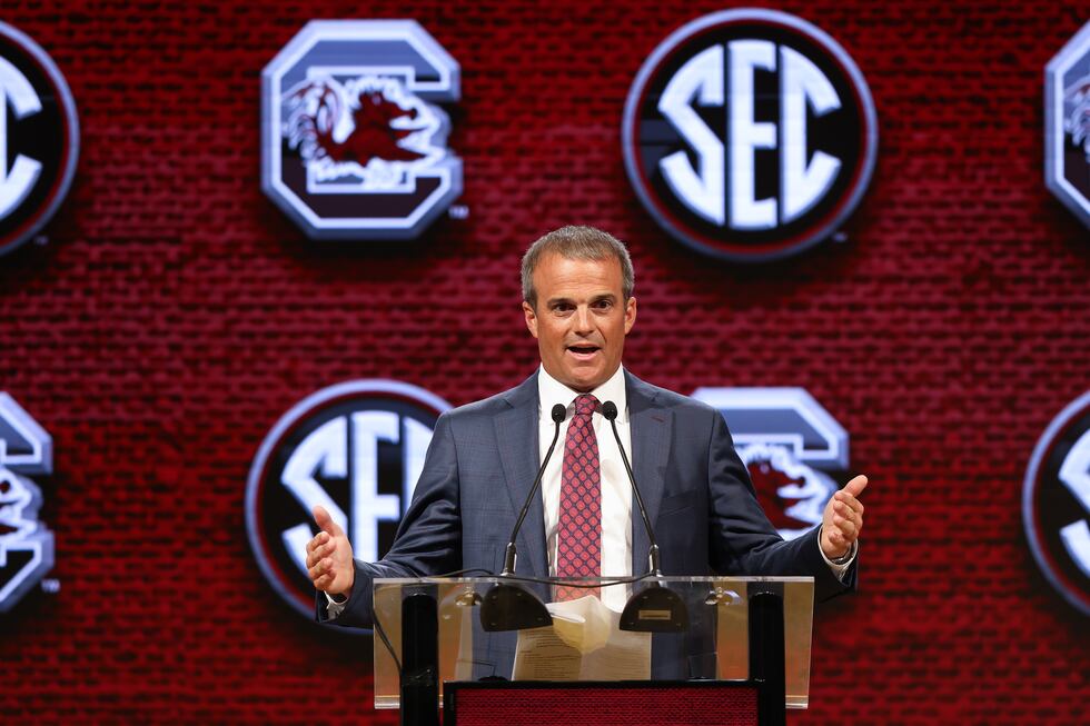 South Carolina football head coach Shane Beamer speaks to the media at the 2023 SEC Football...