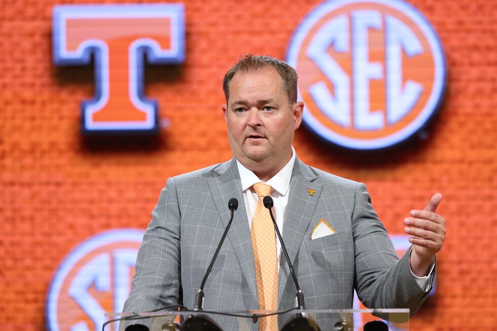 Tennessee football head coach Josh Heupel speaks to the media at the 2023 SEC Football...
