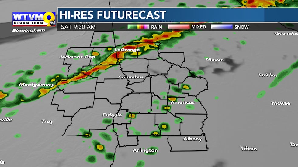 Here's an idea of what the radar will look like Saturday morning. A broken line of rain and a...