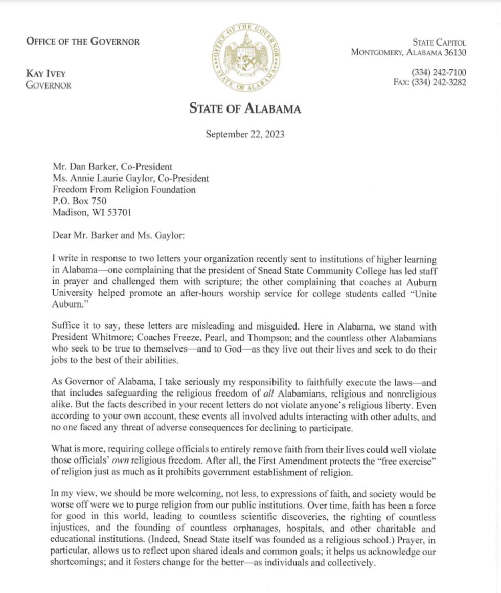 Gov. Kay Ivey's letter to the Freedom From Religion Foundation regarding Auburn University and...
